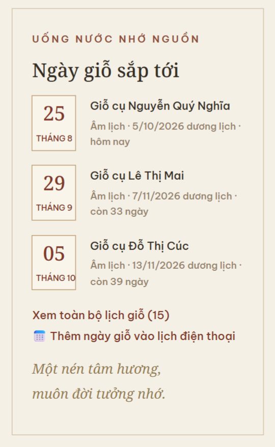 Mục Ngày giỗ sắp tới hiện ngày âm lịch, ngày dương lịch và số ngày còn lại